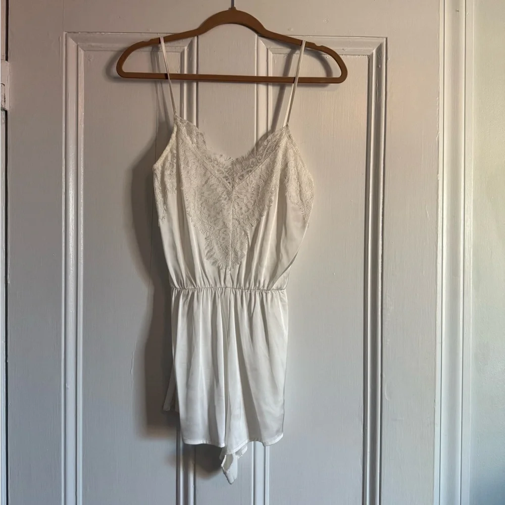 Lulus Be My Love White Satin Lace Lounge Romper - Size - Picture 2 of 6